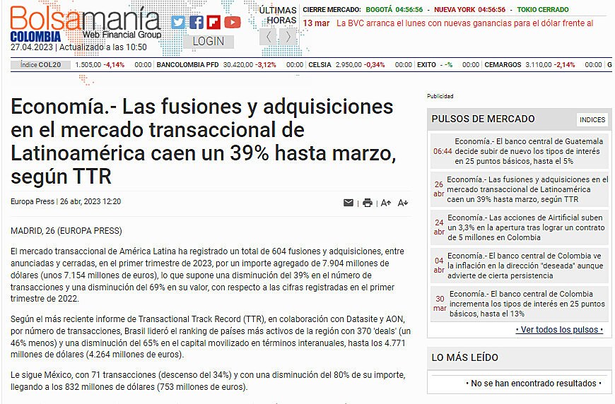 Economa.- Las fusiones y adquisiciones en el mercado transaccional de Latinoamrica caen un 39% hasta marzo, segn TTR